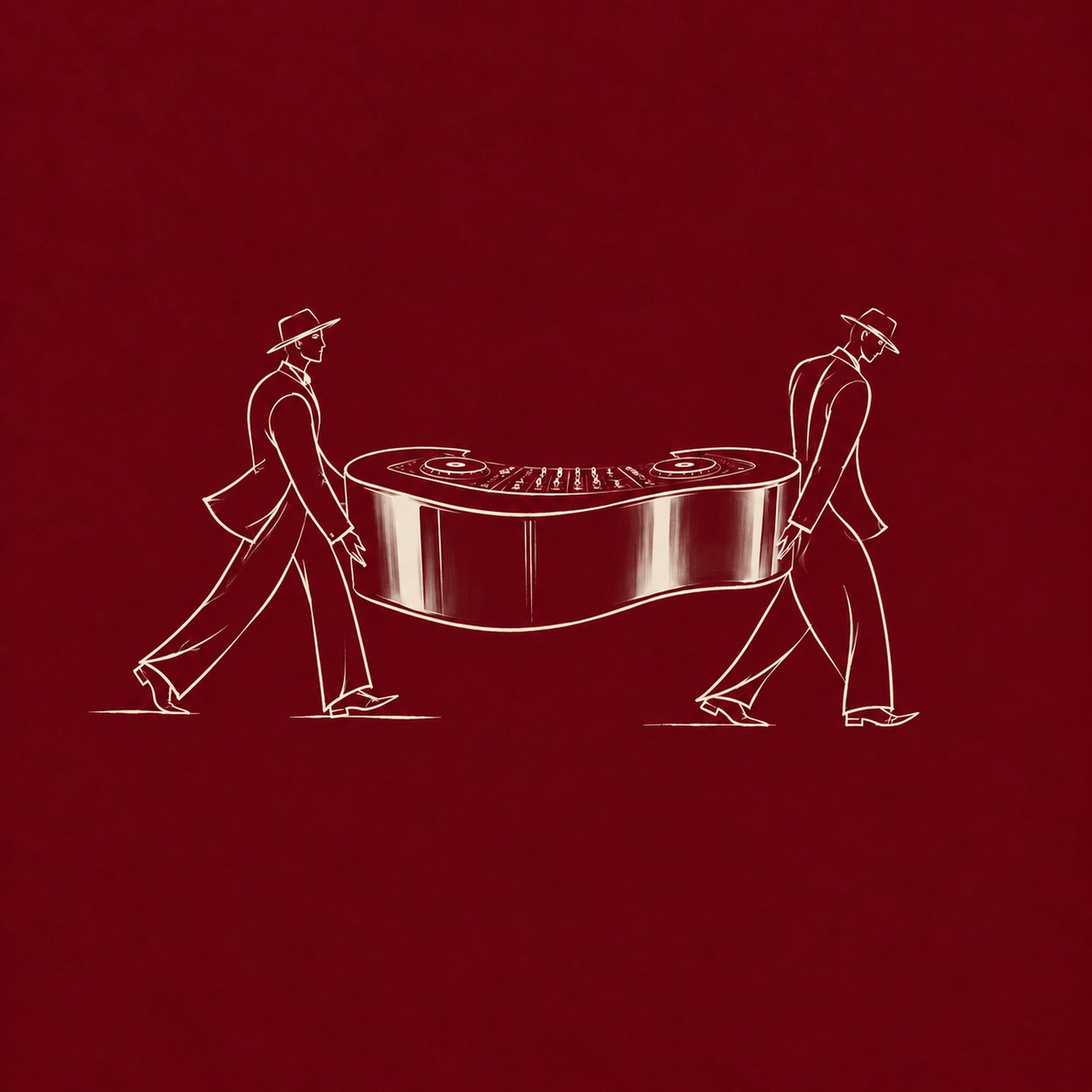Illustration of two figures in hats carrying a chrome DJ booth