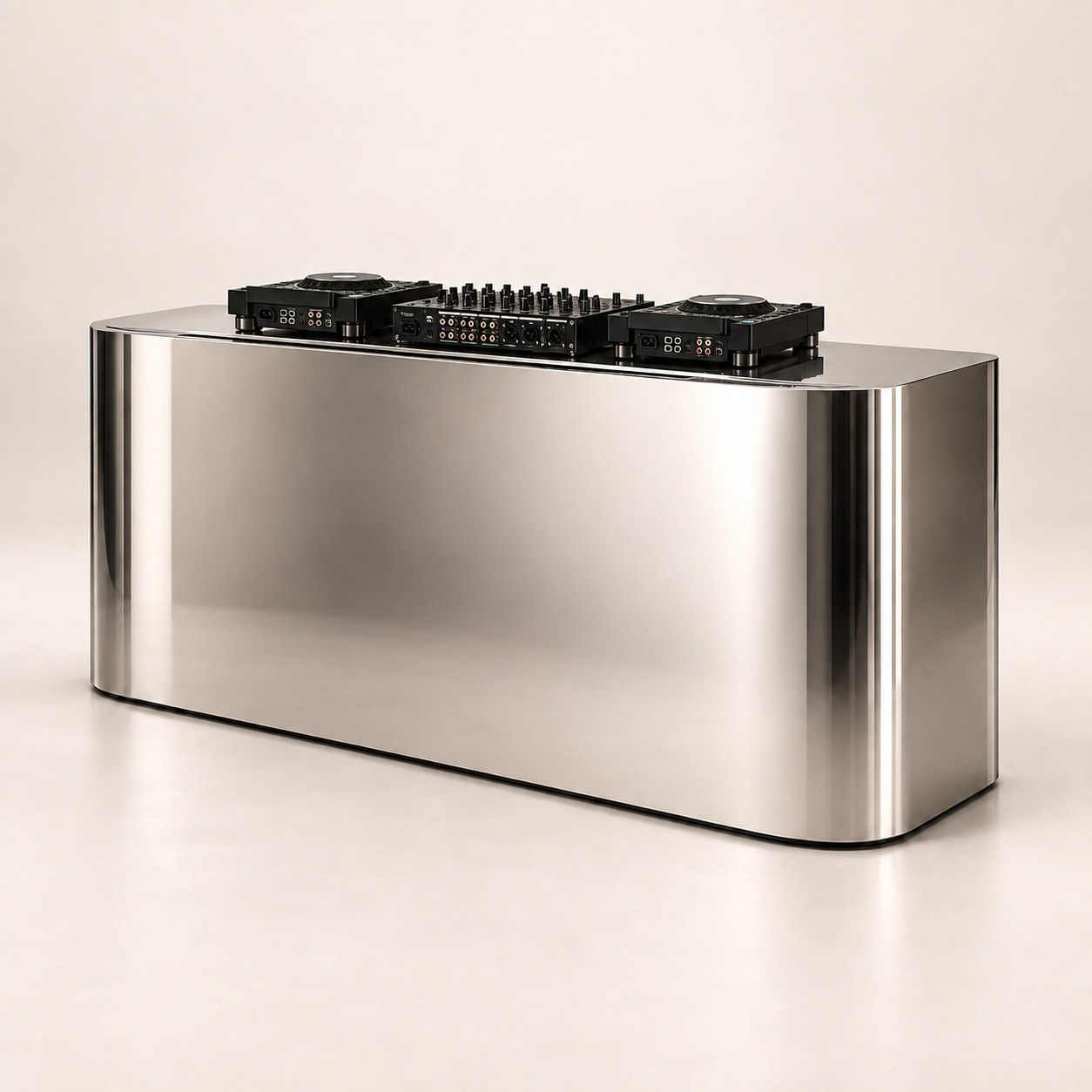 Chrome DJ booth with curved corners in a warm studio, DJ equipment on top